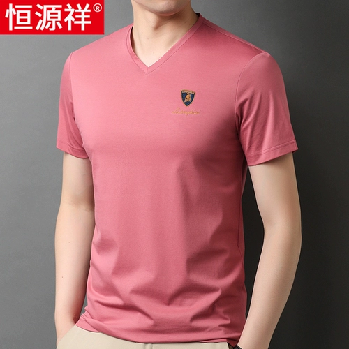 恒源祥 Tide, мужская летняя футболка, хлопковая летняя одежда, короткий рукав, V-образный вырез