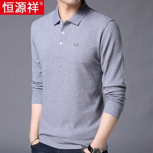 恒源祥 Осенний хлопковый лонгслив, базовая футболка polo, рубашка, для мужчины среднего возраста, высокий воротник