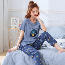 Fat increase pajamas Summer cotton short-sleeved moon pants spring and autumn womens pajamas large size fat mm200 catty suit