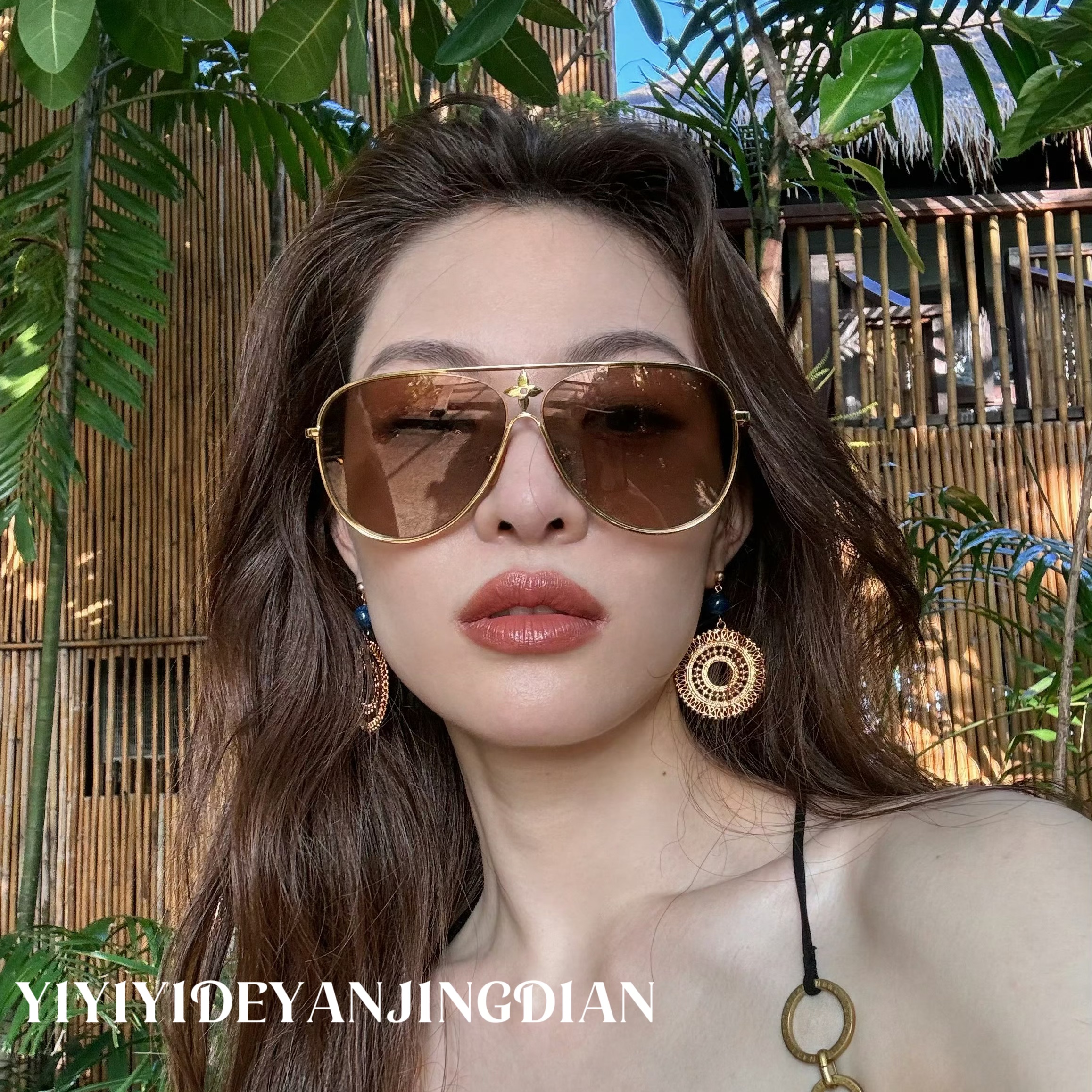 2024新型中楚喜同型サングラスダブルビームフロッグミラーブラウンレンズサンシェード紫外線防止サングラス