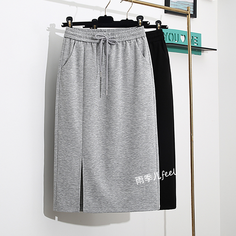 Grey Casual Half Body Dress Woman 2021 Autumn Winter New Medium Long Version High Waist Large Size Bag Hip Thickening Open Fork Step Skirt