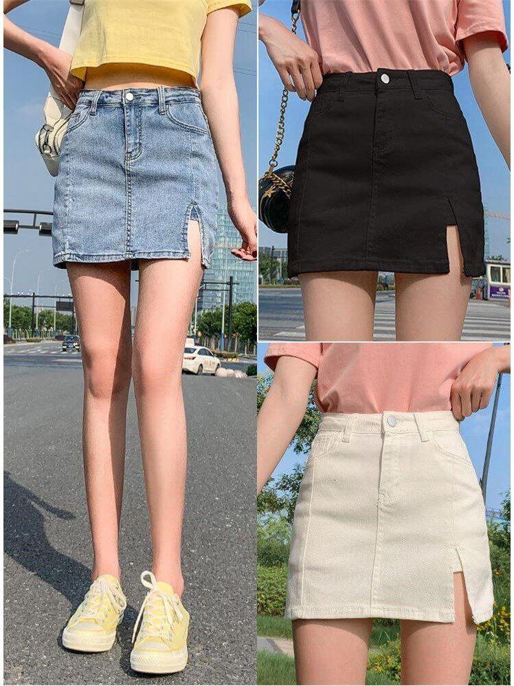 Open Fork Denim Dress White Woman Short Dress Pants Dress 2022 Summer New Ins Tide Pack Hip Half Body Skirt High Waist A Character Dress