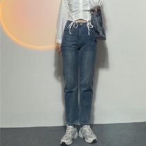 THREE12 Autumn New High Waist Straight stretch stretch nine denim blue jeans women