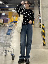 THREE12 autumn and winter dark blue straight jeans women