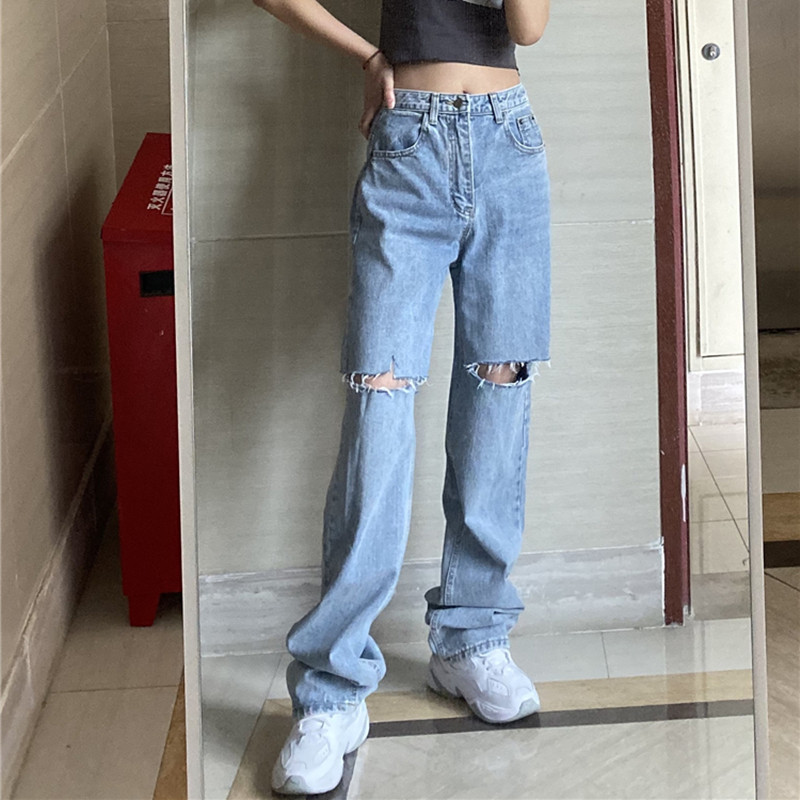 THREE12 Summer new 100 hitch high waist straight cylinder loose retro tug knee Hole Jeans Woman