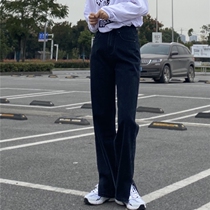 THREE12 autumn and winter new dark charcoal black high waist side split jeans women