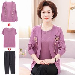 Middle-aged mother spring and autumn new tops two-piece set for women early spring middle-aged and elderly knitted cardigan thin foreign style outer suit summer