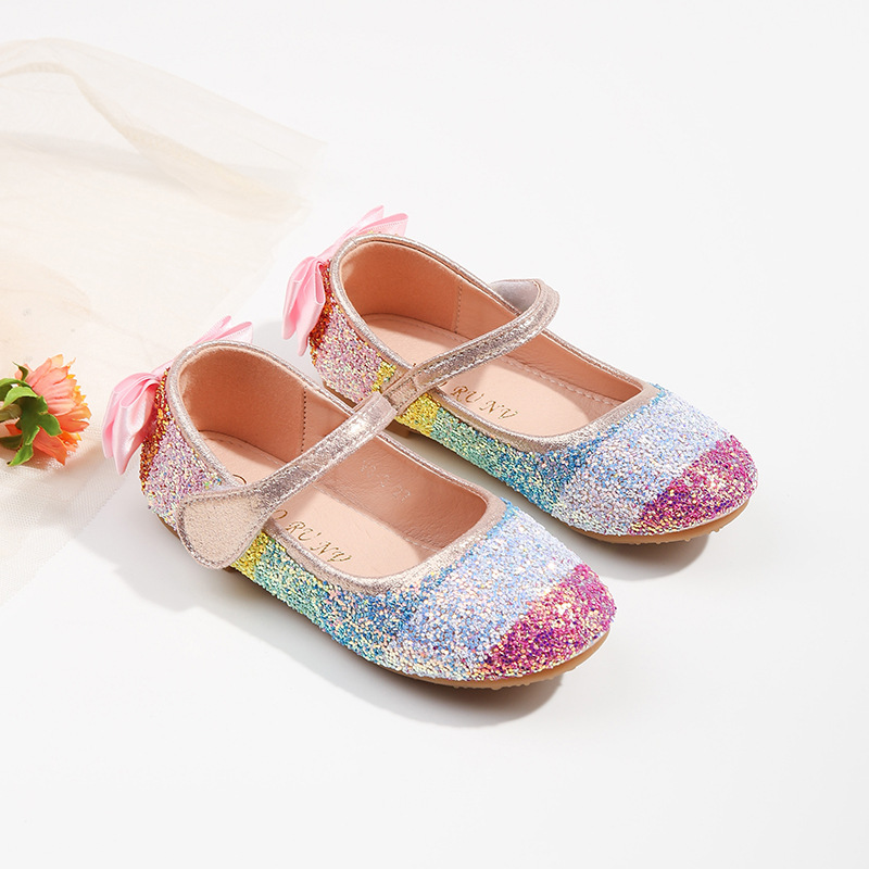 Spring and Autumn New Rainbow Sequin Girls' Princess Shoes, Medium and Large Children's Flat Shoes, Dance Party Crystal Single Shoes for Performance