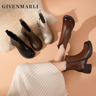 Genuine Leather Mom's Short Boots, High-Heeled Chunky Heel Boots, 2025 Autumn and Winter Fleece-Lined Cotton Shoes, New Thick-Soled Leather Shoes, Single Boots for Women
