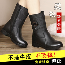 Autumn and winter middle-aged leather boots mother shoes thick heel flat-bottom womens leather boots warm plus velvet womens boots