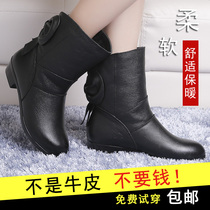 Boots female spring and autumn leather single boots middle heel thick heel cotton shoes womens winter plus velvet boots middle-aged mother short boots