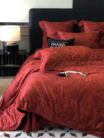 爱之蔓轻奢风数码印花婚庆四件套全棉酒红色结婚被套床单床上用品