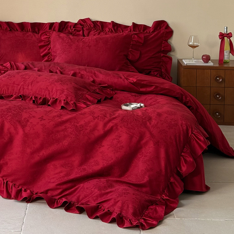 French Romantic Lace Wedding Four-Piece Set Pure Cotton 100S Long-Staple Cotton Jacquard Red Wedding Quilt Cover Bed Sheet Fitted Bed Sheet French Romantic Lace Wedding Four-Piece Set Pure Cotton 100S Long-Staple Cotton Jacquard Red Wedding Quilt Cover Bed Sheet Fitted Bed Sheet