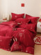 简约新婚庆床品四件套全棉100s兔子刺绣红色结婚被套双人床单床笠