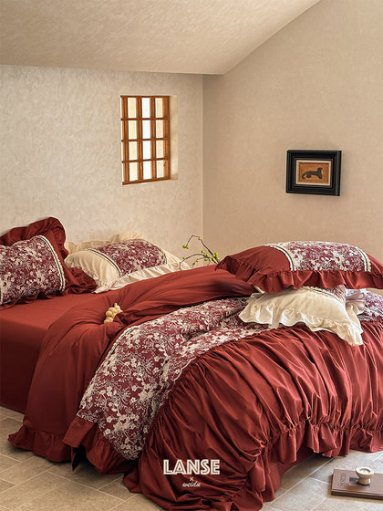 法式浪漫婚礼床上用品100支长绒棉刺绣花红色婚庆被套床单四件套