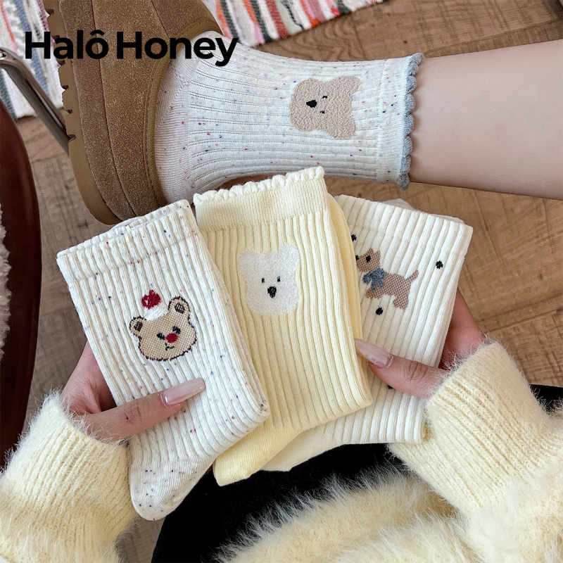 Cartoon Cute Milky White Socks for Women, Mid-Calf Socks, Trendy Pure Cotton Spring and Autumn Japanese Style Bear Lace Ruffle Socks