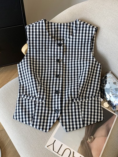 爆款法式黑白格子马甲女设计感小众圆领绑带松纯棉收腰马夹上衣春