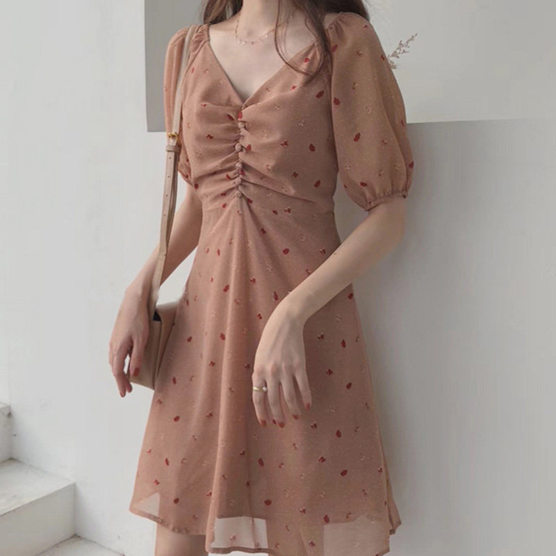 2022 new gentleness style explicitly slim temperament fairy superfairy sweet and beautiful first love V collar crushed floral dress women's summer