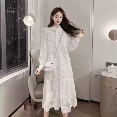Fashion white lace dress women 2021 Spring and Autumn New French niche fairy Super fairy silk shirt dress