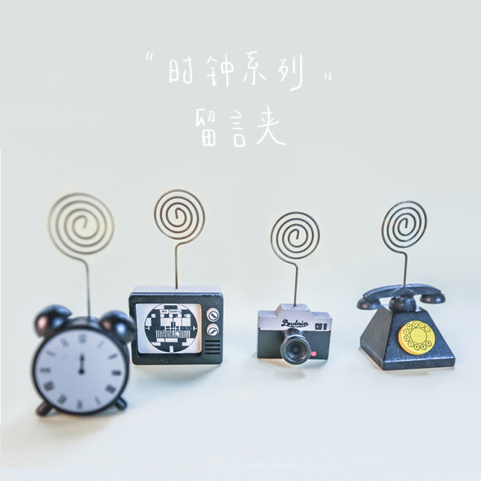 Creative wooden retro clock camera sticky note card business card holder desktop photo message sticky note clip decorative ornaments