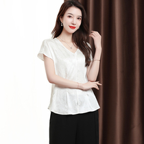 Hangzhou big card 2022 Summer pure color v lead true silk mulberry silk shirt sleeve head short sleeve T-shirt female short routine