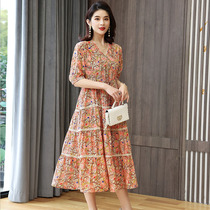 Deficit in this clear cabin Summer true silk dress woman with long style Broken Flowers Mulberry Silk Material Cake Dresses Big Fashion Dresses