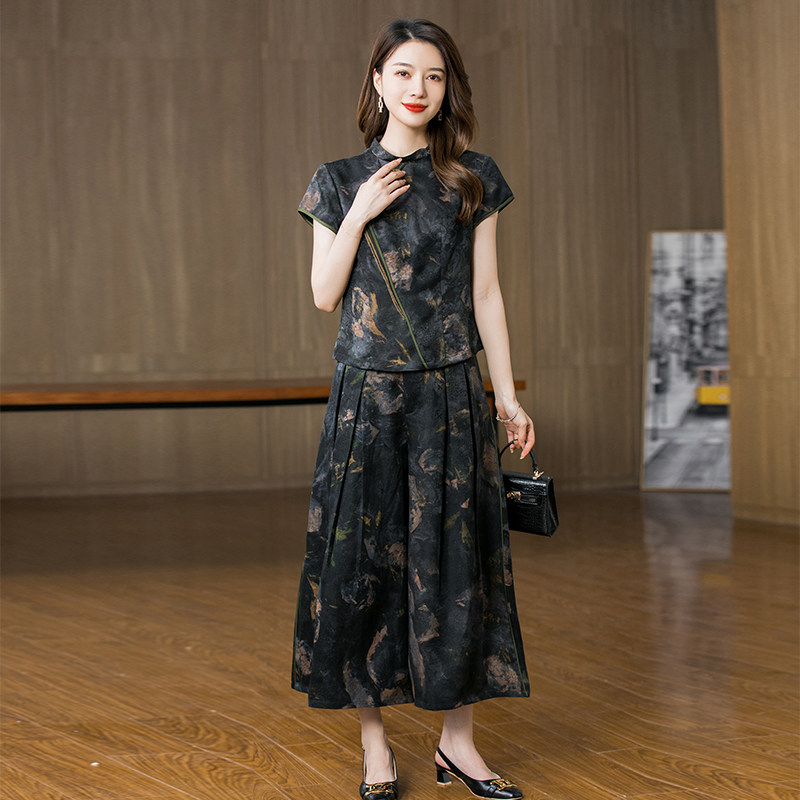 Flower Luoxiang Yunsha suit ladies summer big-name silk mulberry silk top wide-leg pants nine-point culottes two-piece set