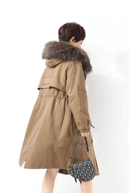 Duozi Brand Genuine New Model 051, Plus-Size, Fashionable, Casual, Loose-Fitting, Fleece-Lined Parka with Real Fur Collar