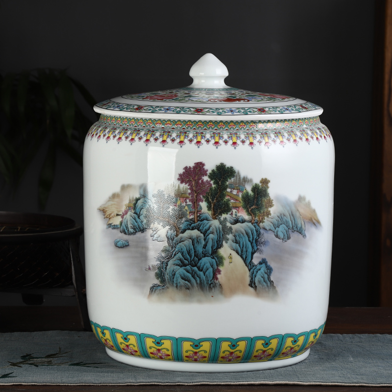 Jingdezhen ceramic barrel ricer box caddy fixings 20 jins 30 jins with cover household moistureproof insect - resistant seal storage tank