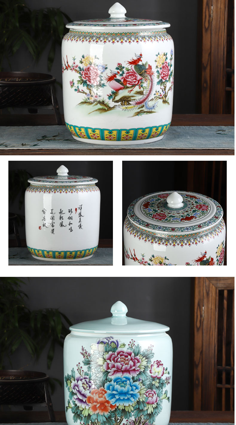 Jingdezhen ceramic barrel ricer box caddy fixings 20 jins 30 jins with cover household moistureproof insect - resistant seal storage tank