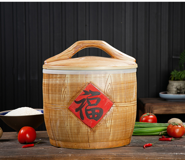 Jingdezhen ceramic barrel home 10 jins 20 to 30 jins imitation solid wood with cover seal moisture insect - resistant old ricer box