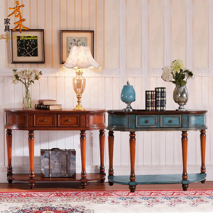 Entrance table semi-round table room table table European-style American-style rustic Mediterranean Chinese-style antique old solid wood