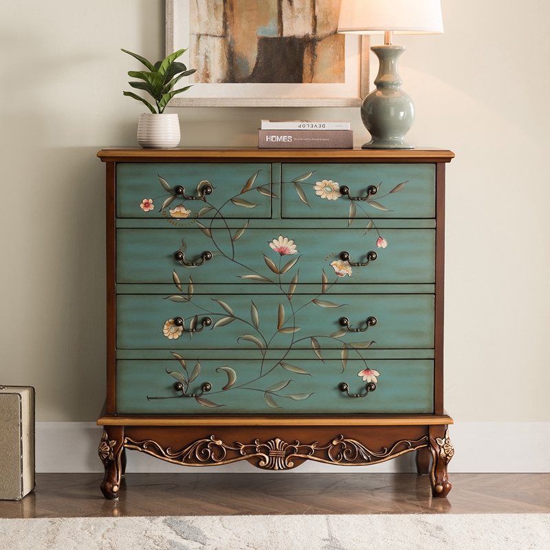 European style chest of drawers Neoclassical Korean style porch cabinet Solid wood drawer cabinet storage cabinet pastoral painted decorative storage cabinet