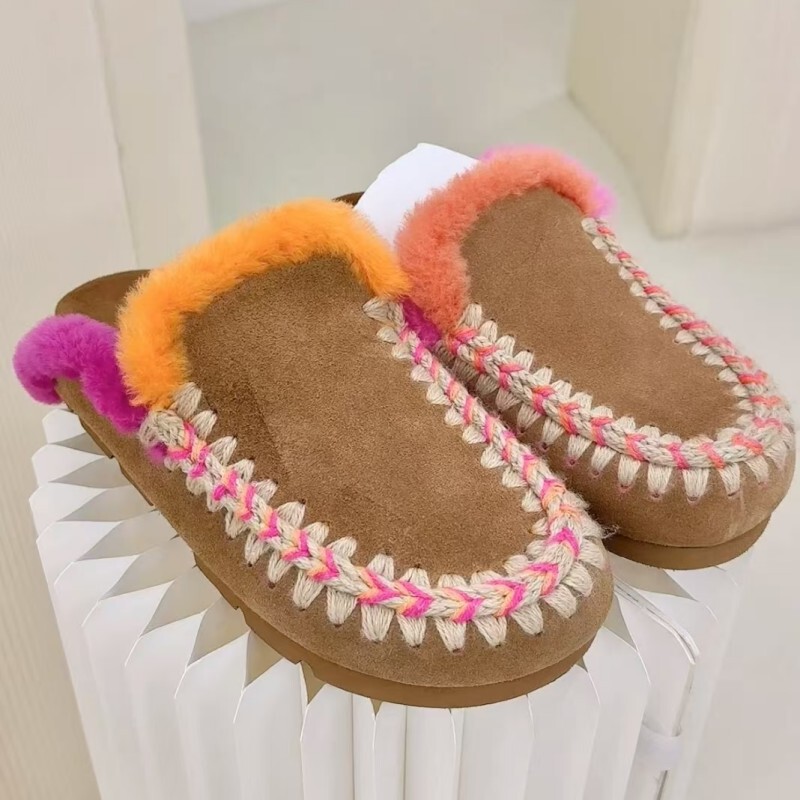 2025 Autumn Colorful Sheepskin Fur Slippers Handmade Woven Birkenstock-Style Warm Snow Slippers for Outdoor Wear