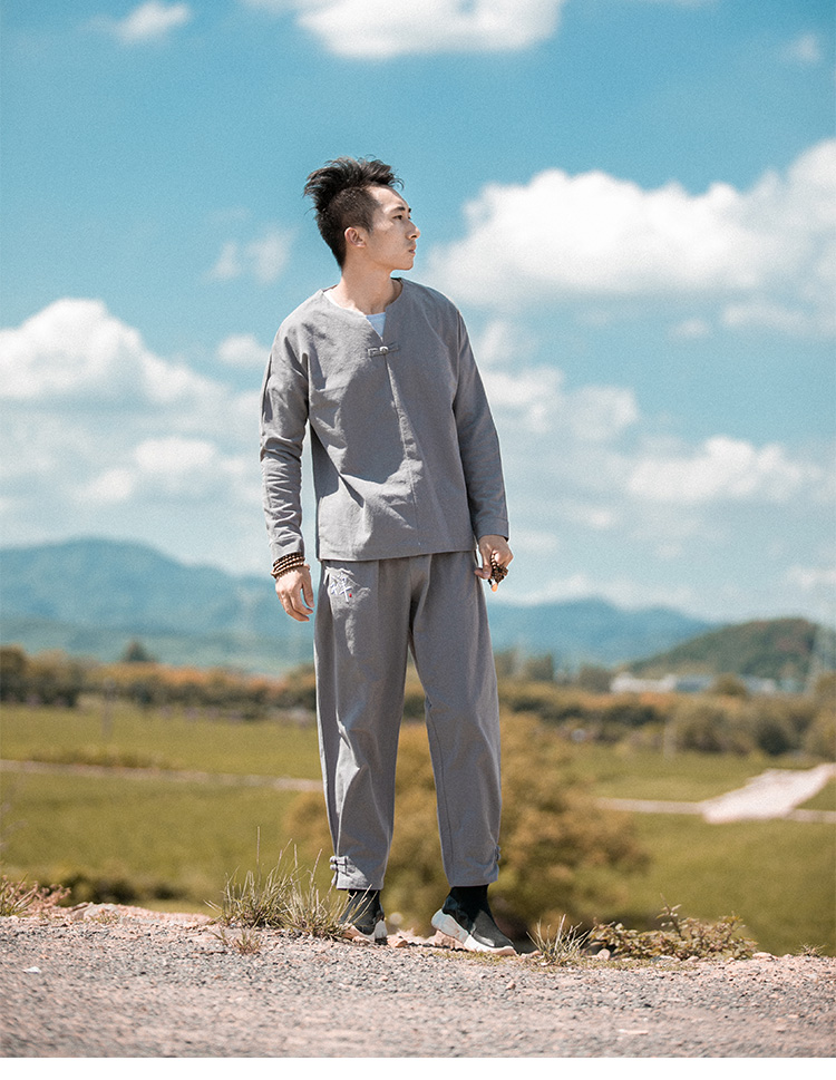 Phân chia mùa thu và mùa đông mới nam retro cotton và lanh dài tay Hanfu nam phù hợp với quần áo gió quốc gia kích thước lớn phù hợp với nam bộ dân tộc đẹp