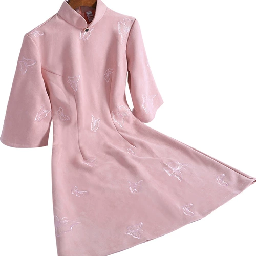 Демисезонное короткое ципао, легкое платье с рукавами, 2020 года, китайский стиль, светлый стиль