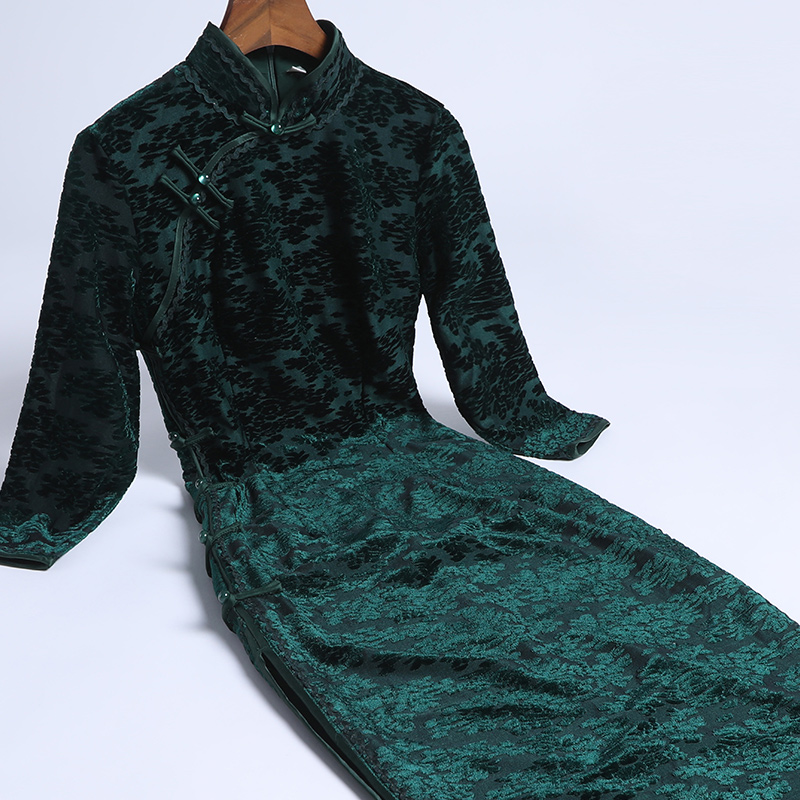 Demi-season long cheongsam, velvet retro dress, suit, Chinese style