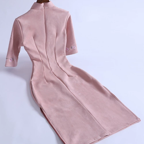 Демисезонное ципао, ретро легкое платье с рукавами, 2020 года, светлый стиль, с вышивкой