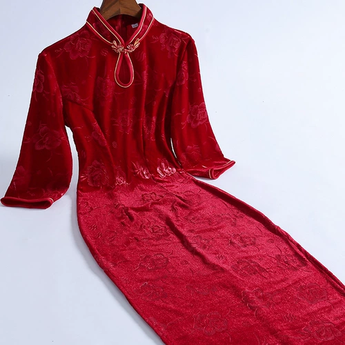 Красное демисезонное ципао, ретро длинное платье для невесты, 2020 года