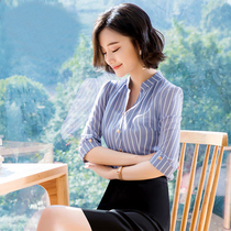 Business shirt summer 2021 spring new chiffon seven-point sleeve short sleeve striped shirt women Middle sleeve dress