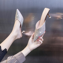 Sand slippers women 2021 new summer fashion outside wear Joker rhinestone thin heel pointed half-drag Baotou high heel single shoes