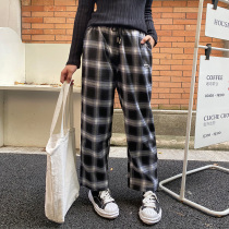 ISMIUO micro fat mm autumn plaid straight wide leg pants high waist size womens pants tide toe ankle-length pants casual versatile