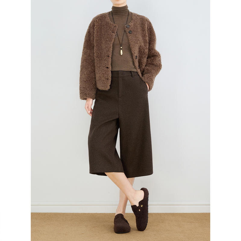 Lassen Coffee-Colored Retro Sheep Wool Cropped Pants for Women 2026 New Autumn and Winter High-End Woolen Boot Pants