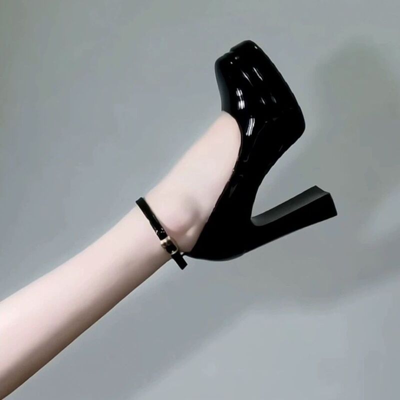 Platform Mary Jane Shoes with Thick Soles and Waterproof Platform for Petite Women, Black Single Strap, Ultra-High Heel, Patent Leather Single Shoes for Women