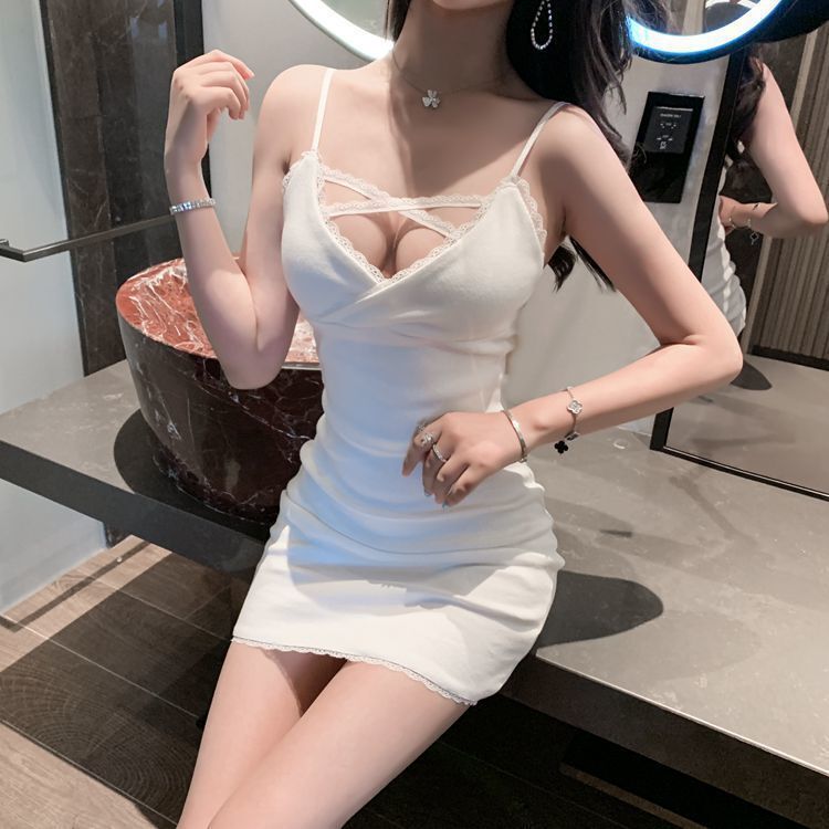 Lace Cross-Over Low-Cut Sexy Nightclub Technician Bathhouse Work Uniform Slim-Fitting Bodycon Spaghetti Strap Dress Summer