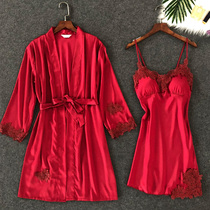 2021 With Chest Cushion Pyjamas Woman Summer Sleeping Dress Sexy Two Sets Slim Summer Ice Silk Short Sleeve Harnesses Sleeping Robes