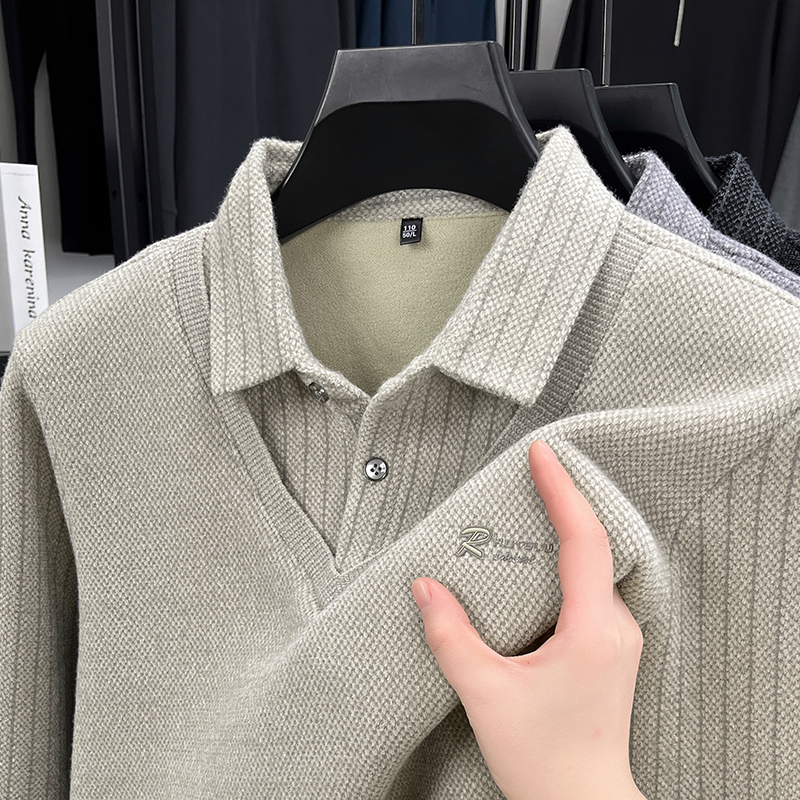 T-Shirt for Dad, Autumn and Winter, with a Turn-Down Collar, Sweater-Style, Faux T-Shirt, Fleece-Lined Knitwear, Warm and Thick, Two-Piece Set for Men