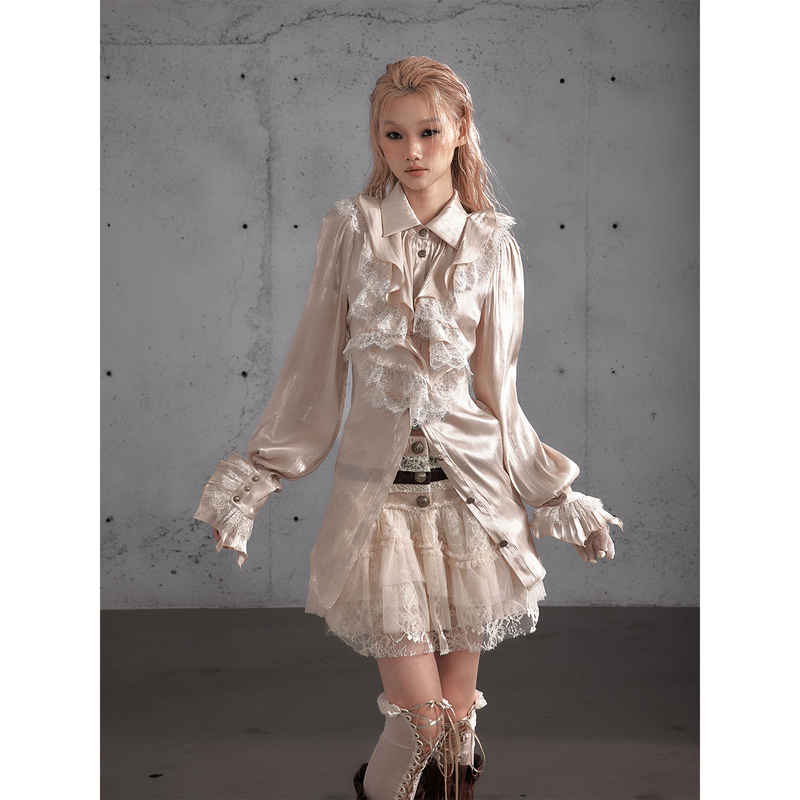 No Romance Romantic Palace-Style Daughter of the Noble Family Ruffled Lace Patchwork Satin Glossy Silk Satin Texture Shirt