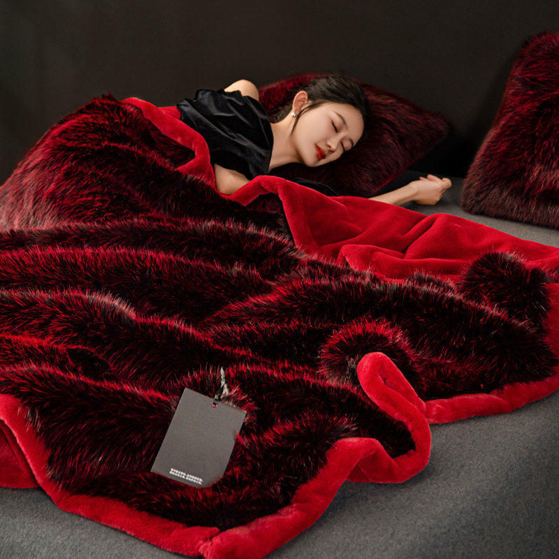 【5.5kg Thickened】High-End Faux Fox Fur Blanket, Winter Warm Fleece Throw Blanket, Bright Red Wedding Blanket