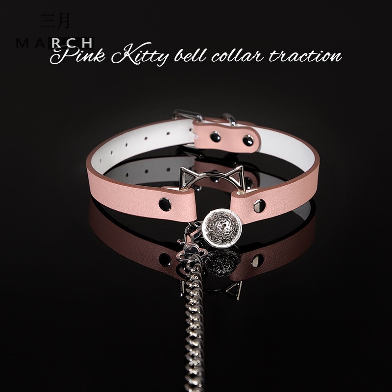Puppy Cat Head Bell Collar Female Leather Choker Pink Engraved Dog Leash Neck Strap Male m Set